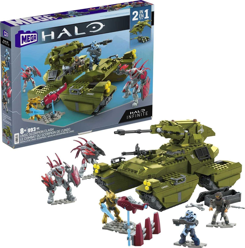 Mega Halo Infinite Toy Vehicle Building Set UNSC Scorpion Clash with 993 Pieces 5 Micro Action Figures and Accessories