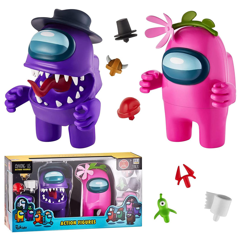 Among Us Stamper Crewmate Purple Impostor Pink Flower Hat 7" Figure Set PMI International