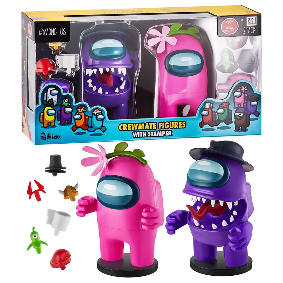 Among Us Stamper Crewmate Purple Impostor Pink Flower Hat 7" Figure Set PMI International
