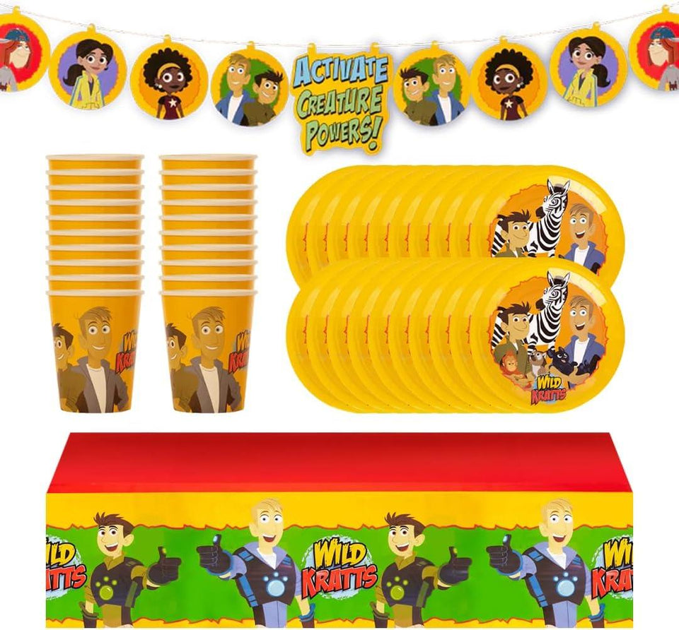 Wild Kratts Birthday Party Kit - 20 Plates, 20 Cups, 1 Tablecloth & 1 Banner - Educational Adventure Supplies