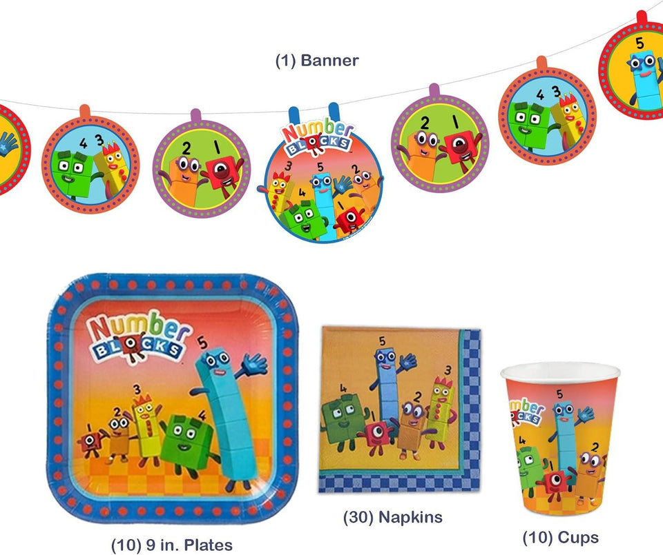 Numberblocks Party Supplies Kit, 31 Piece Birthday Party Set for 10 Guests with Plates, Cups, Napkins and Happy Birthday Banner