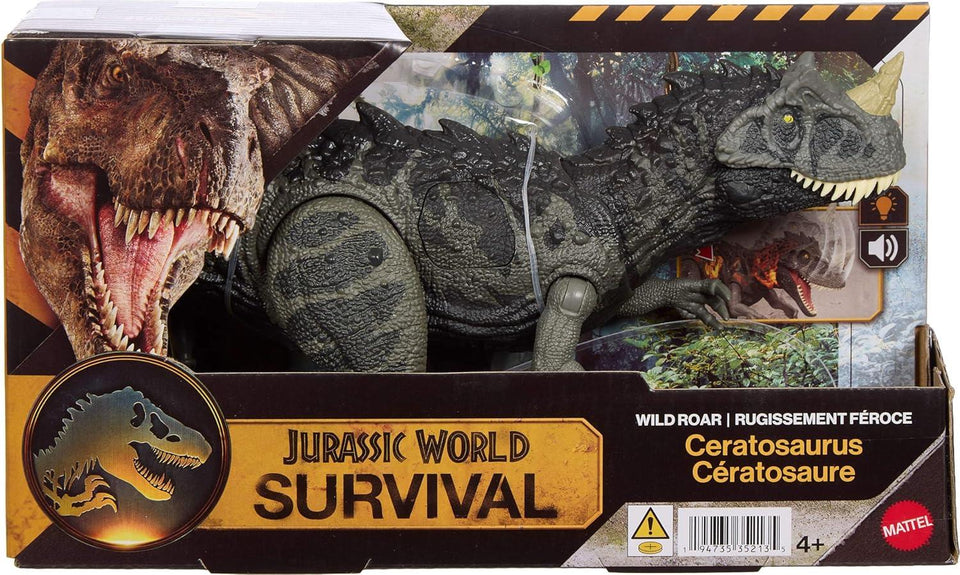 Mattel Jurassic World Wild Roar Ceratosaurus Dinosaur Action Figure Toy with Chomp Attack, Light Up Feature & Roar Sound, Scan Code for Digital Play