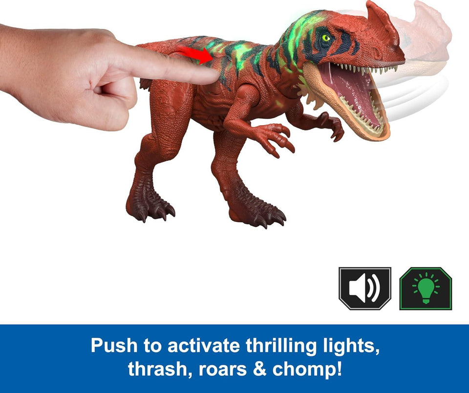 Mattel Jurassic World Wild Roar Afrovenator Dinosaur Figure | 12.8 in long, side-to-side chomp attack + roar + light-up, movable joints, 3x LR44 battery included, Ages 4+