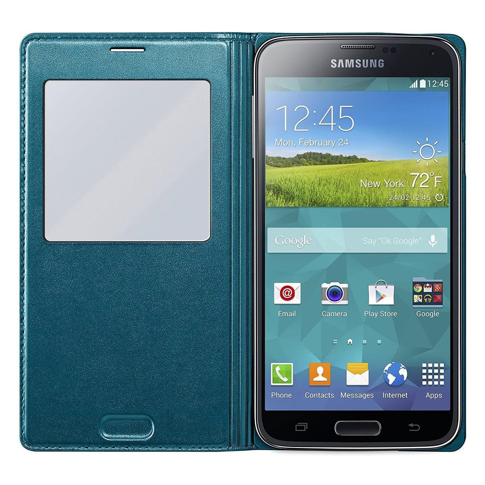 Samsung S-View Flip Cover For Galaxy S5 Green ID Chip Case Folio Front Window