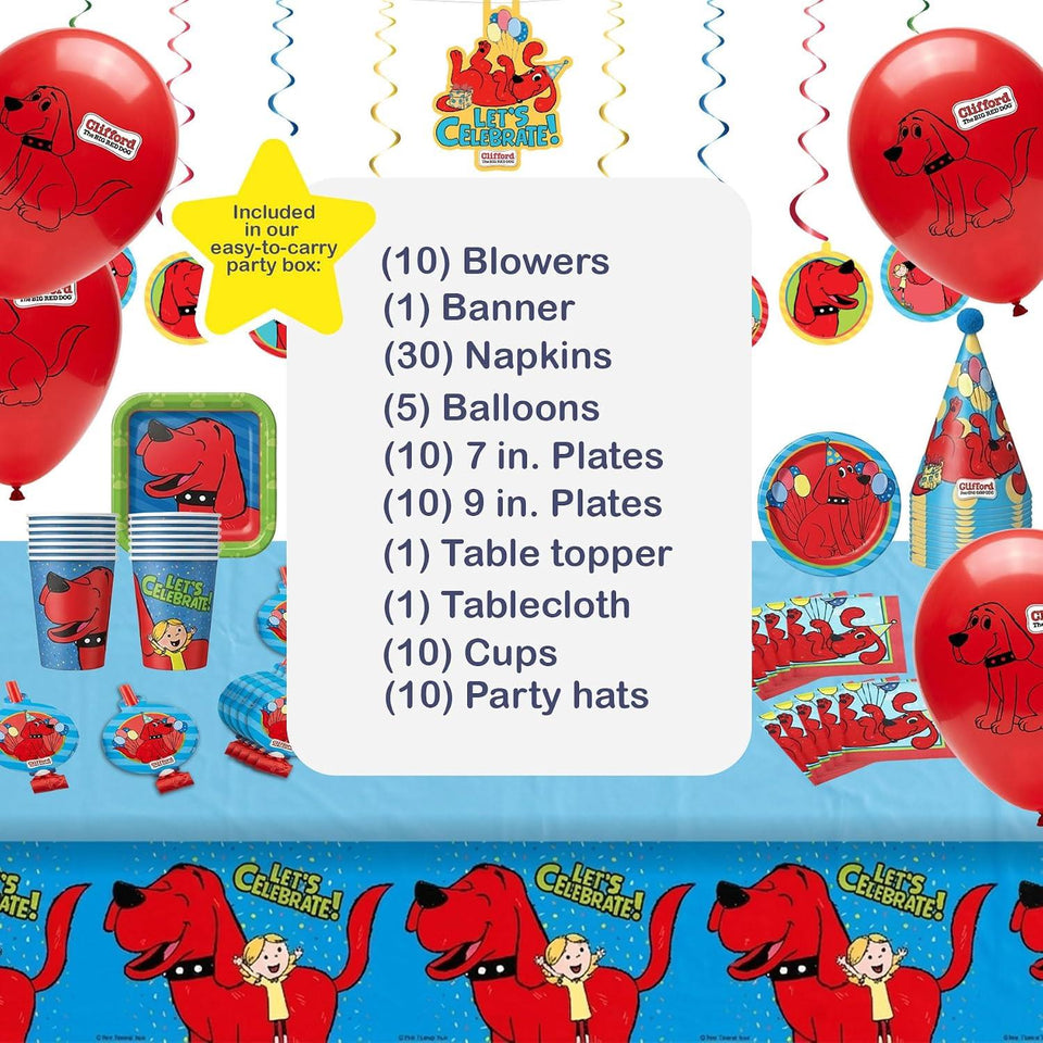 Clifford The Big Red Dog Party Supplies Kit – 87 Piece Party in a Box for 10 Guests – Plates, Cups, Napkins, Tablecloth, Balloons, Party Hats, Blowers & Banner – Officially Licensed