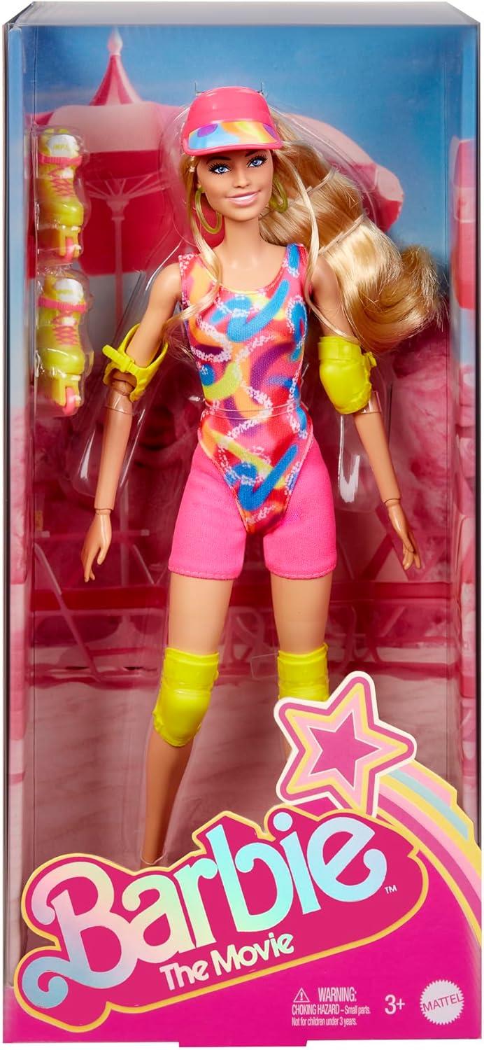 Barbie The Movie Margot Robbie - Skating Doll with Neon Outfit, Retro Gymnastics Suit, Pink Biker Shorts, Sun Shield, Neon Green Hoop Earrings, Skating Equipment, Impala Inline Skates, HRB04