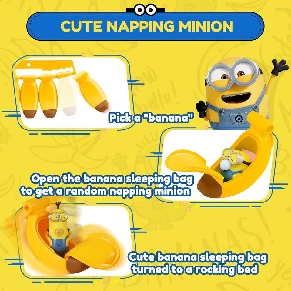Minions Blind Box Figures, Banana Rocking Sleeping Bag, Keychain Stress Relief, Squishy Stress Toys for All Ages, 1 Pack