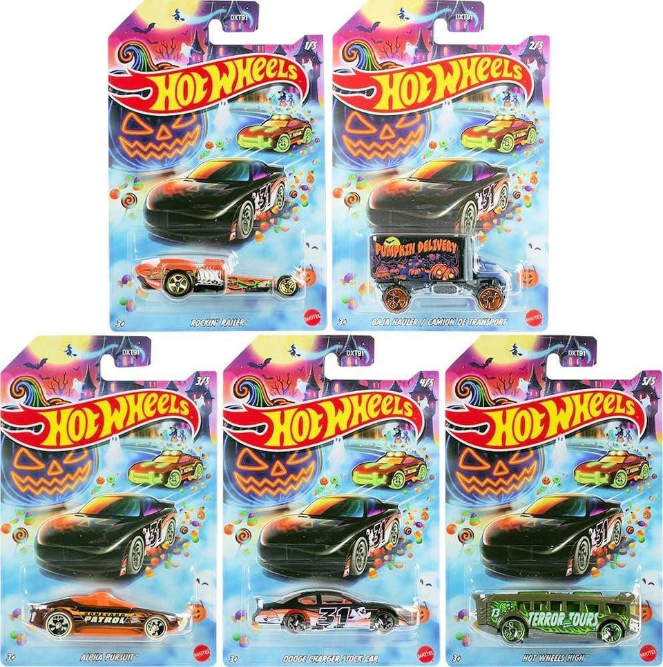 Hot Wheels Halloween Theme Die-Cast Toy Cars Set of 5, Includes Rockin' Railer, Baja Hauler, Alpha Pursuit, Dodge Charger Stock Car, Hot Wheels High DXT91-979J