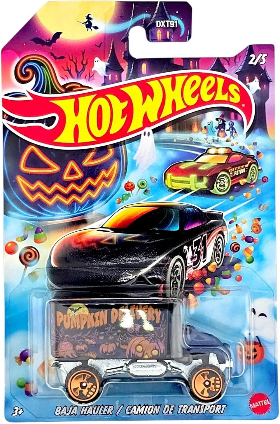 Hot Wheels Halloween Theme Die-Cast Toy Cars Set of 5, Includes Rockin' Railer, Baja Hauler, Alpha Pursuit, Dodge Charger Stock Car, Hot Wheels High DXT91-979J