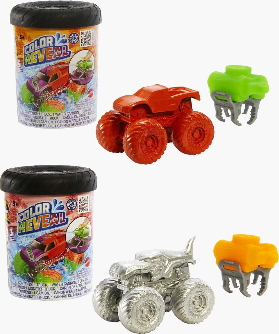 Hot Wheels Monster Trucks Color Reveal 2-Pack & Clip-On Water Tank, 2 Toy Trucks with Surprise Reveals