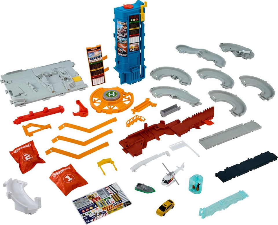 Matchbox Toy Vehicles & Playset, Transportation Center with 5 Levels, Kid& Car-Activated Features, Includes 1:64 Scale Taxi, Boat & Helicopter & Food Vendor Accessory