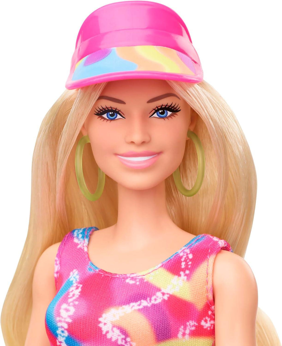 Barbie The Movie Margot Robbie - Skating Doll with Neon Outfit, Retro Gymnastics Suit, Pink Biker Shorts, Sun Shield, Neon Green Hoop Earrings, Skating Equipment, Impala Inline Skates, HRB04