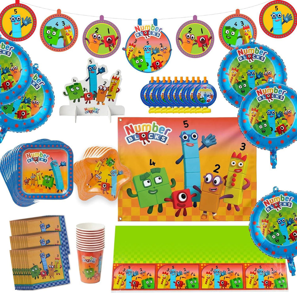 Numberblocks Deluxe Party Supplies Kit, 79 Piece Birthday Party Set for 10 Guests with Plates, Cups, Napkins, Decorations and Table Cover