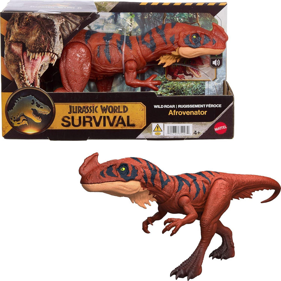 Mattel Jurassic World Wild Roar Afrovenator Dinosaur Figure | 12.8 in long, side-to-side chomp attack + roar + light-up, movable joints, 3x LR44 battery included, Ages 4+