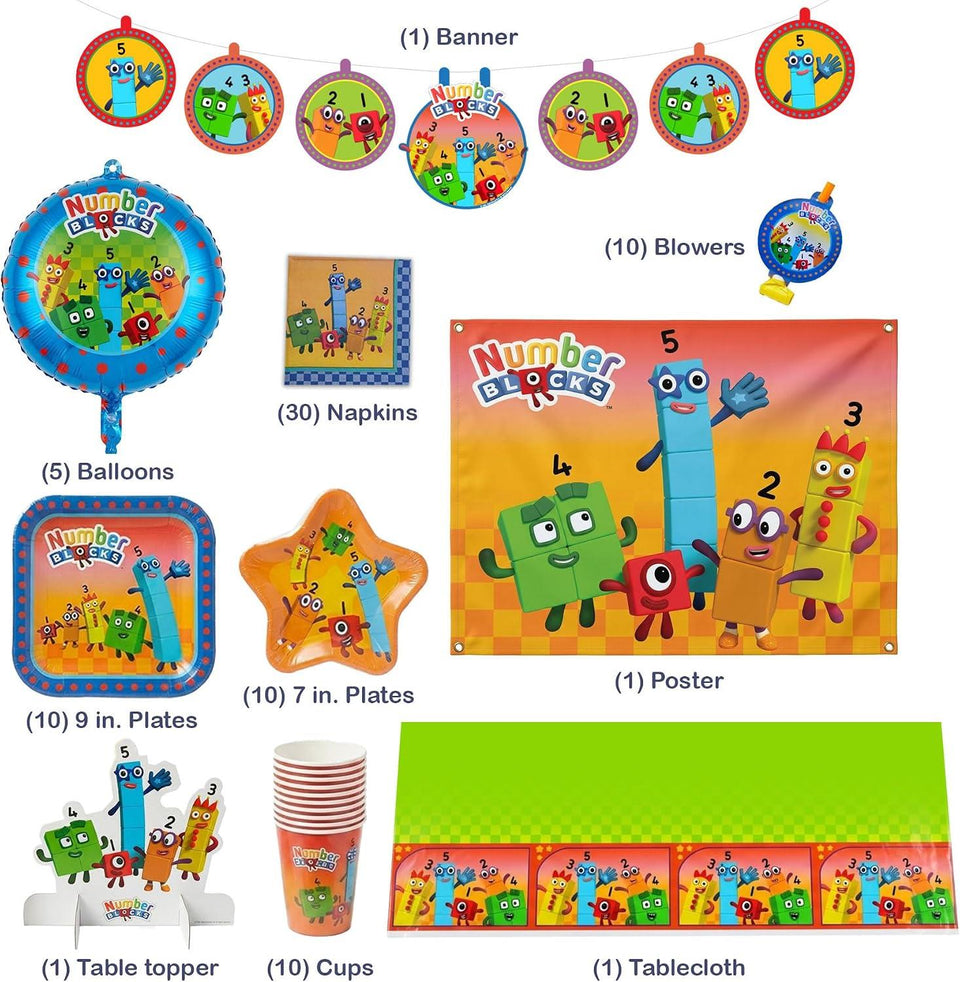 Numberblocks Deluxe Party Supplies Kit, 79 Piece Birthday Party Set for 10 Guests with Plates, Cups, Napkins, Decorations and Table Cover