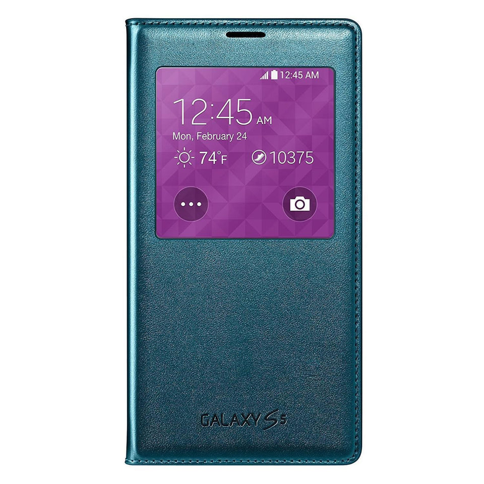 Samsung S-View Flip Cover For Galaxy S5 Green ID Chip Case Folio Front Window