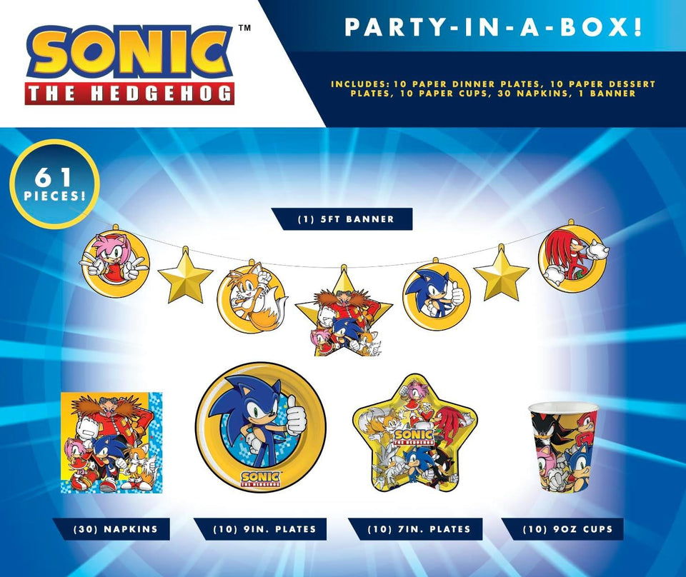 Sonic The Hedgehog Birthday Party Kit - Sonic 61 Piece Party-In-A-Box! - Plates, Cups, Napkins, & Banner for Kids' Celebration