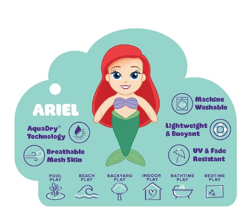 Wahu Aqua Pals Disney Classic Ariel Plush Water Toy for Kids Ages 2+, Fast-Drying Waterproof Plush Doll Toy for Pool and Bathtub, Large, Red/Green, 26"