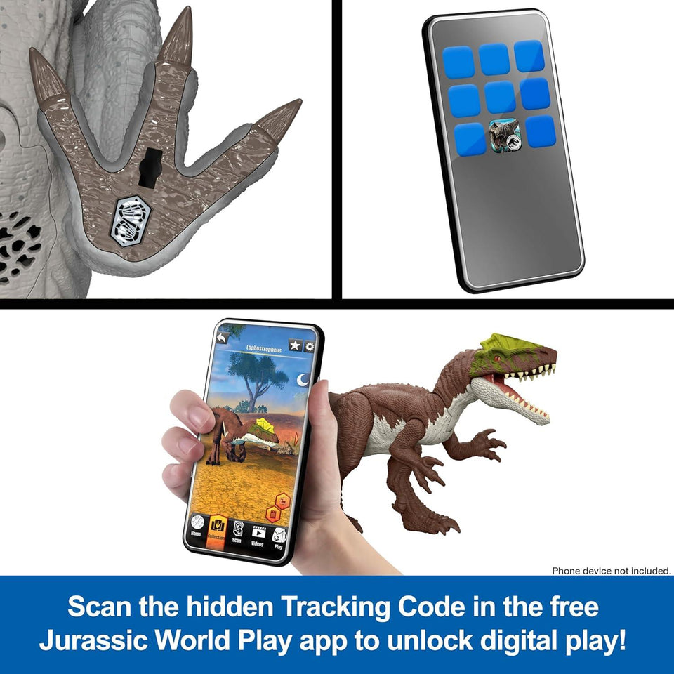 Mattel Jurassic World Wild Roar Brachauchenius Dinosaur Action Figure Toy with Chomp Attack, Light Up Feature & Roar Sound, Scan Code for Digital Play