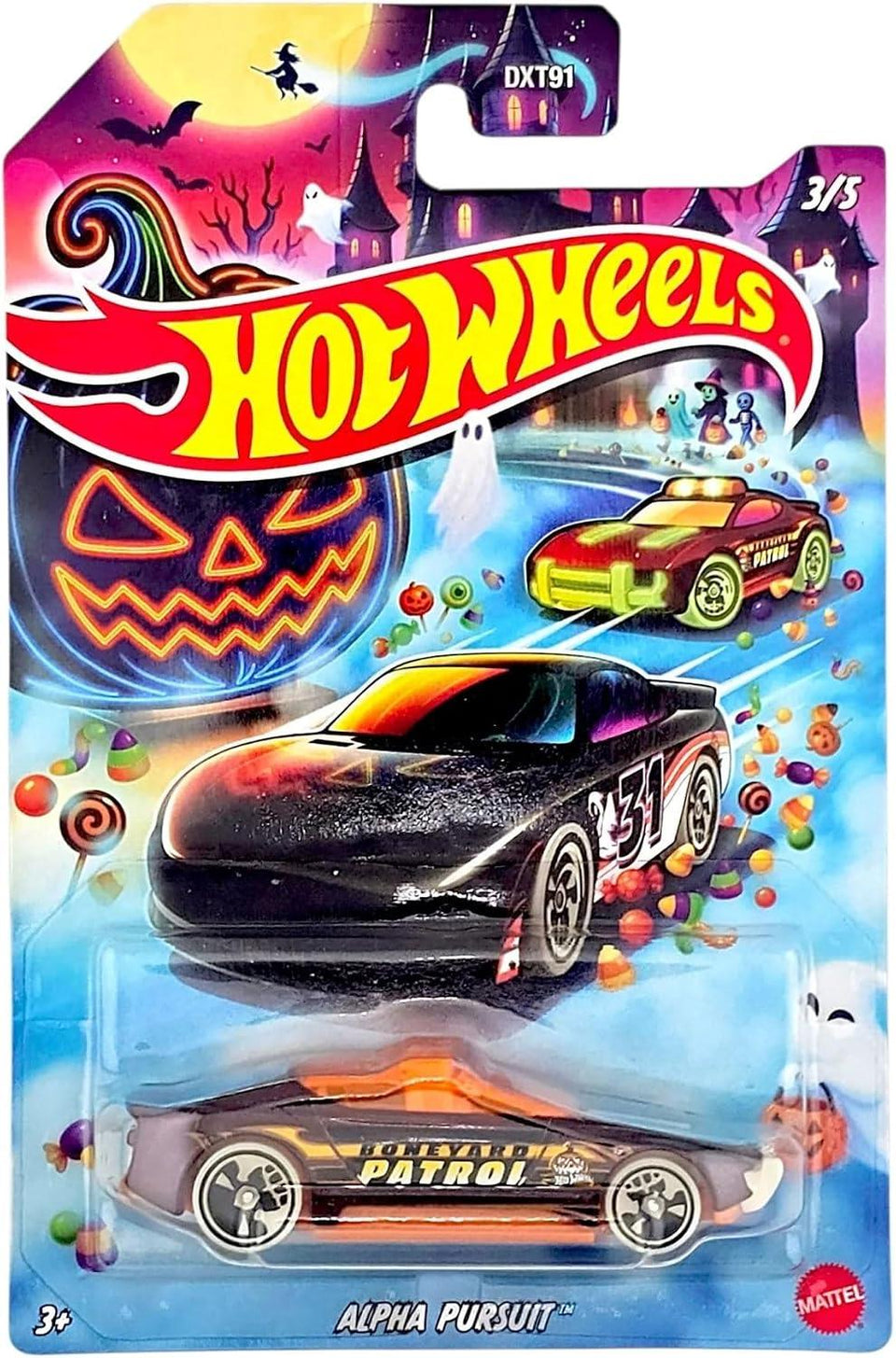 Hot Wheels Halloween Theme Die-Cast Toy Cars Set of 5, Includes Rockin' Railer, Baja Hauler, Alpha Pursuit, Dodge Charger Stock Car, Hot Wheels High DXT91-979J