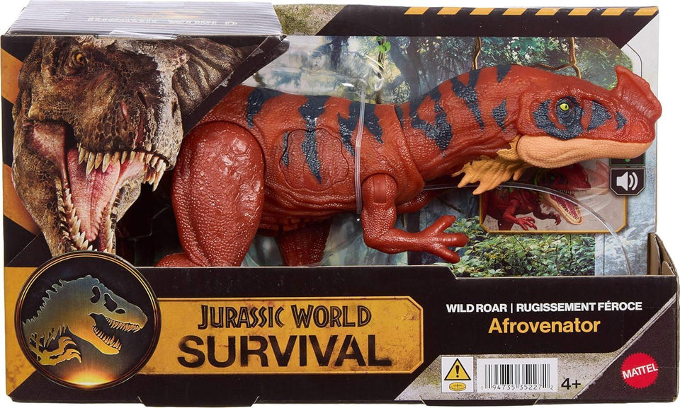 Mattel Jurassic World Wild Roar Afrovenator Dinosaur Figure | 12.8 in long, side-to-side chomp attack + roar + light-up, movable joints, 3x LR44 battery included, Ages 4+