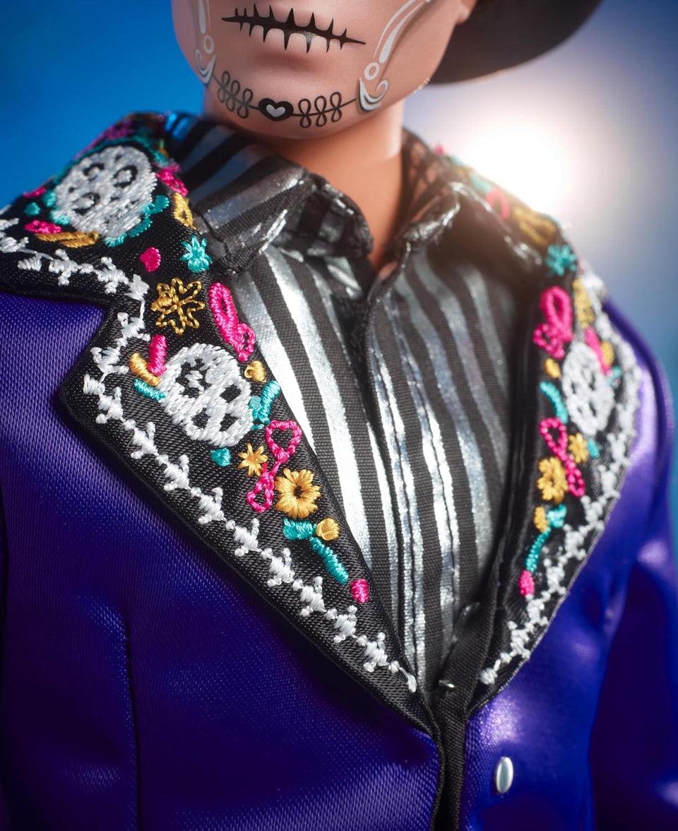 Barbie Signature Ken Fashion Doll, 2023 Dia de Muertos Collectible with Blue Jacket, Black Hat & Doll Stand