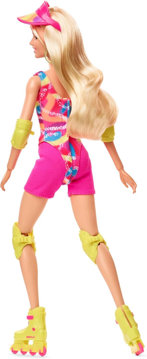 Barbie The Movie Margot Robbie - Skating Doll with Neon Outfit, Retro Gymnastics Suit, Pink Biker Shorts, Sun Shield, Neon Green Hoop Earrings, Skating Equipment, Impala Inline Skates, HRB04
