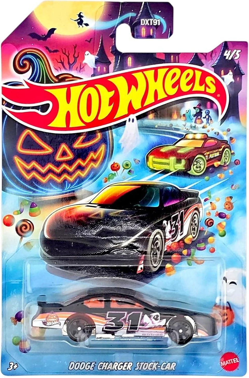 Hot Wheels Halloween Theme Die-Cast Toy Cars Set of 5, Includes Rockin' Railer, Baja Hauler, Alpha Pursuit, Dodge Charger Stock Car, Hot Wheels High DXT91-979J