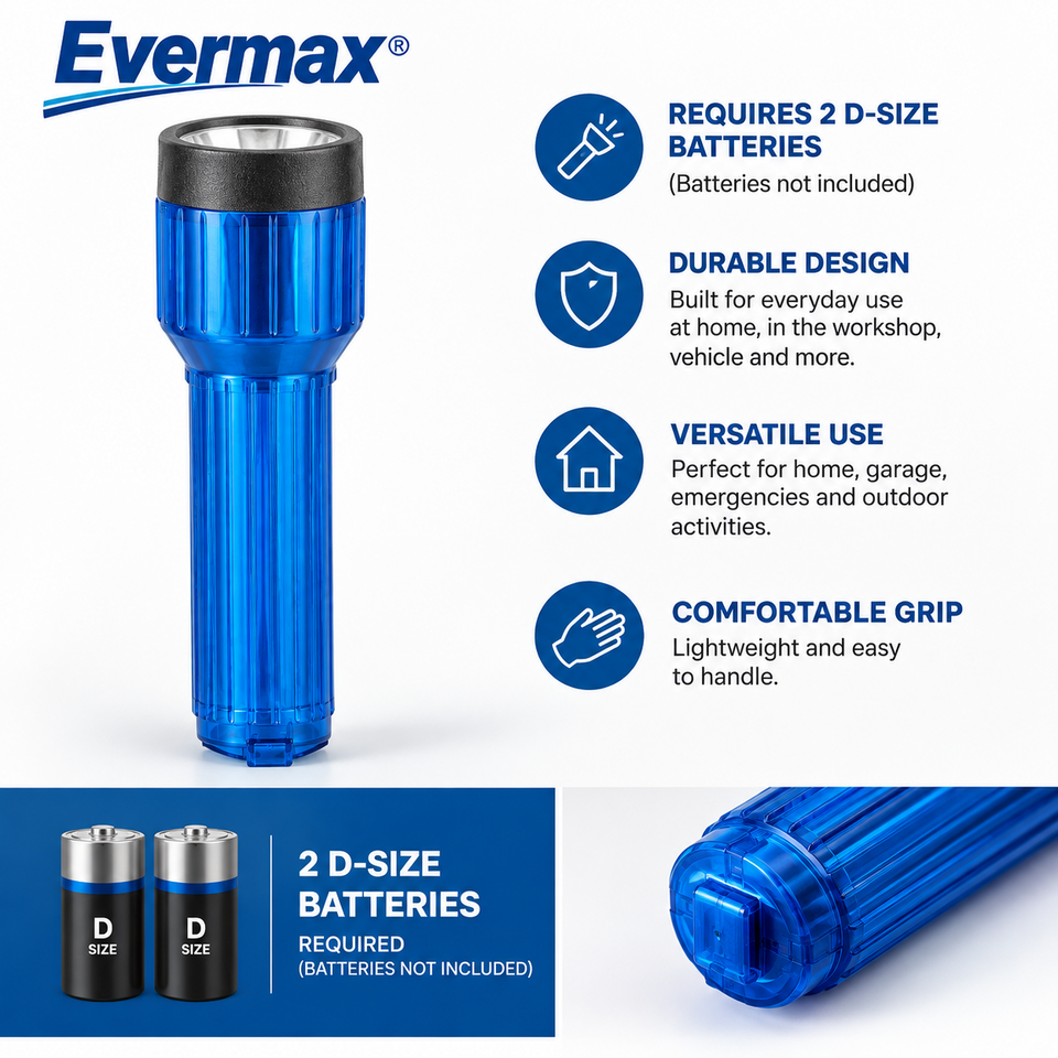 Evermax 2D Battery Flashlight, Blue, Requires 2 D-Size Batteries, Batteries Not Included, Item 99201