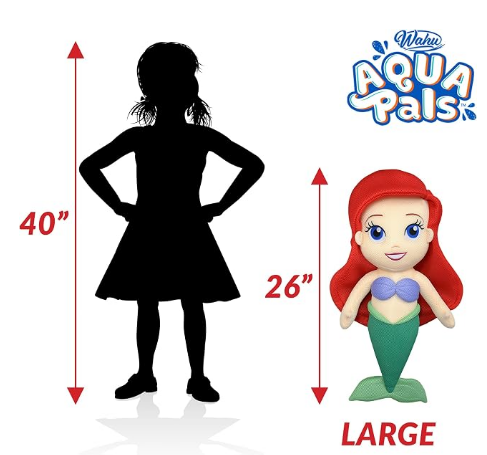 Wahu Aqua Pals Disney Classic Ariel Plush Water Toy for Kids Ages 2+, Fast-Drying Waterproof Plush Doll Toy for Pool and Bathtub, Large, Red/Green, 26"