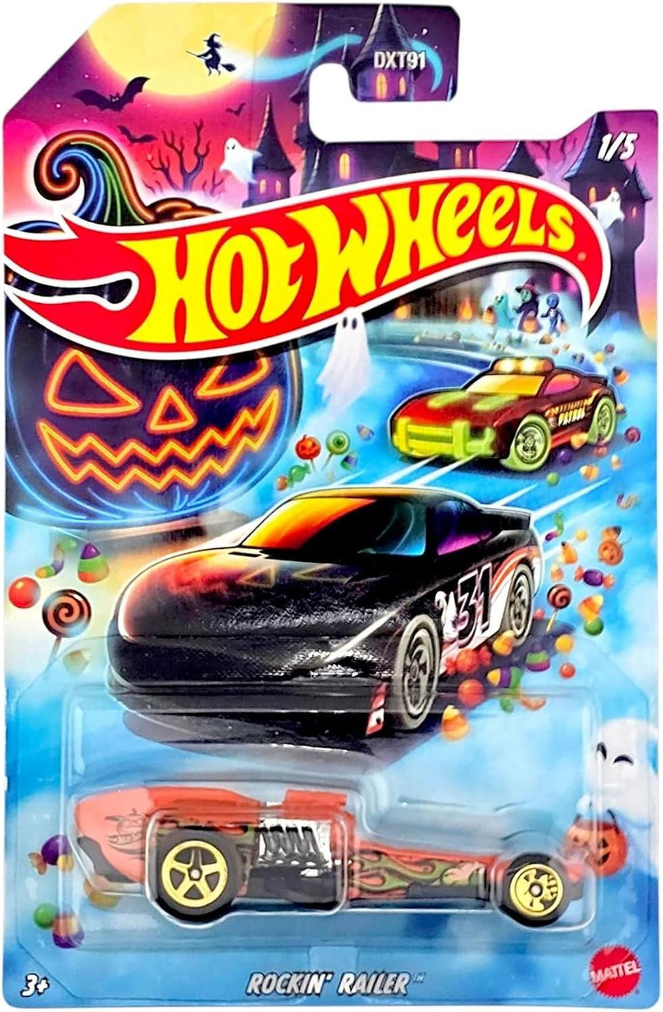 Hot Wheels Halloween Theme Die-Cast Toy Cars Set of 5, Includes Rockin' Railer, Baja Hauler, Alpha Pursuit, Dodge Charger Stock Car, Hot Wheels High DXT91-979J