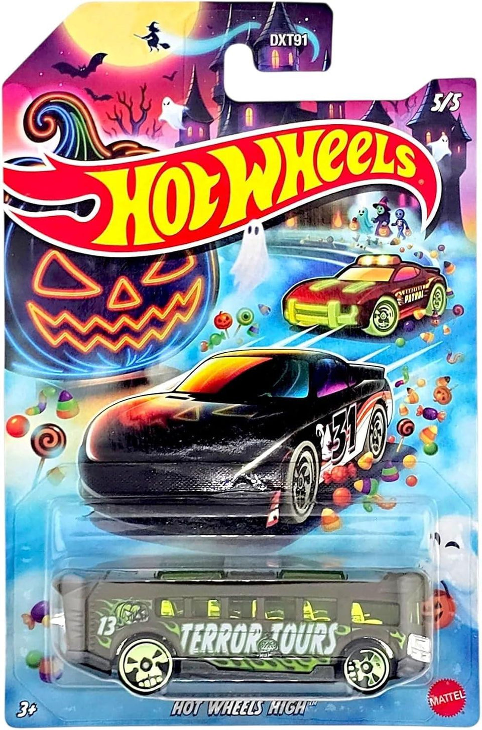 Hot Wheels Halloween Theme Die-Cast Toy Cars Set of 5, Includes Rockin' Railer, Baja Hauler, Alpha Pursuit, Dodge Charger Stock Car, Hot Wheels High DXT91-979J
