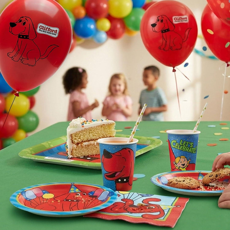 Clifford The Big Red Dog Party Supplies Kit – 87 Piece Party in a Box for 10 Guests – Plates, Cups, Napkins, Tablecloth, Balloons, Party Hats, Blowers & Banner – Officially Licensed