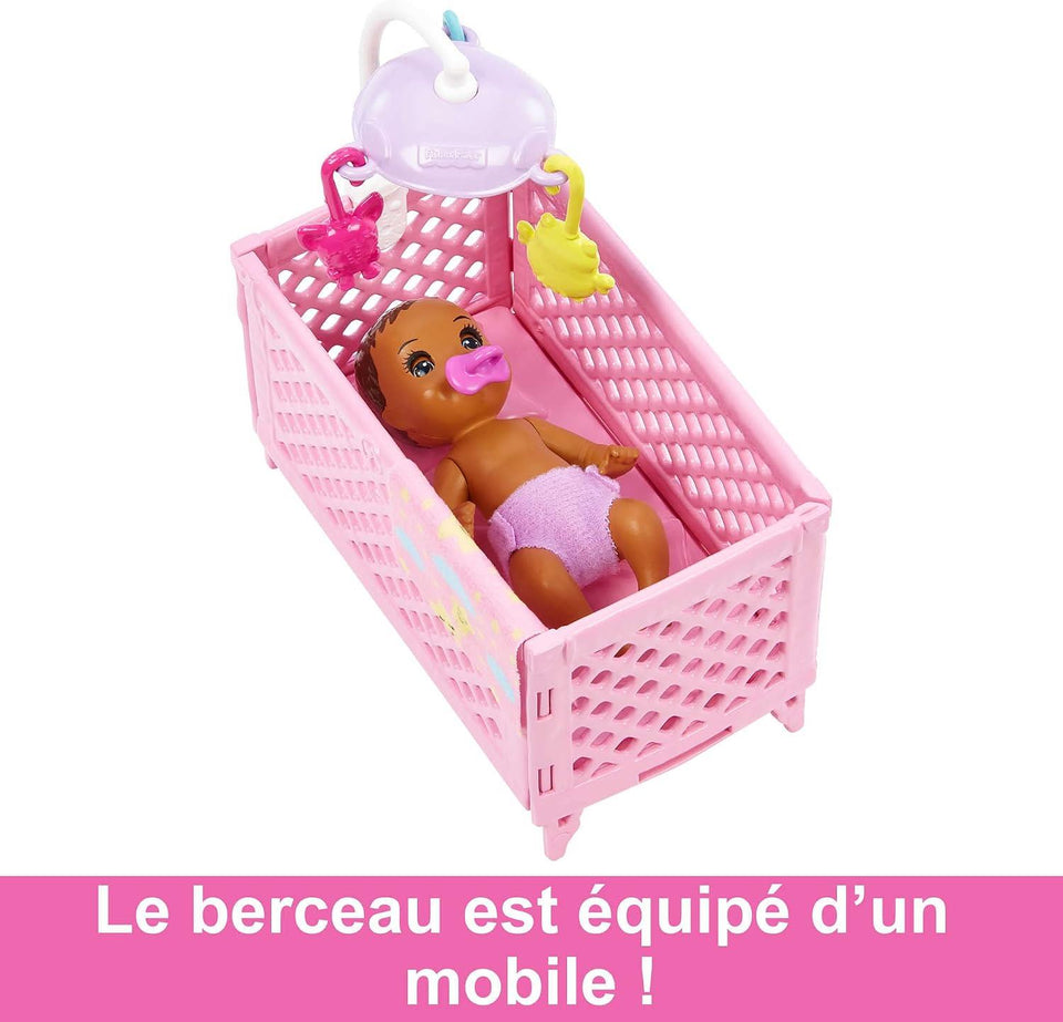 Barbie Skipper Babysitters, Inc. Crib Playset with Doll, Baby Doll with Sleepy Eyes, Furniture & Accessories
