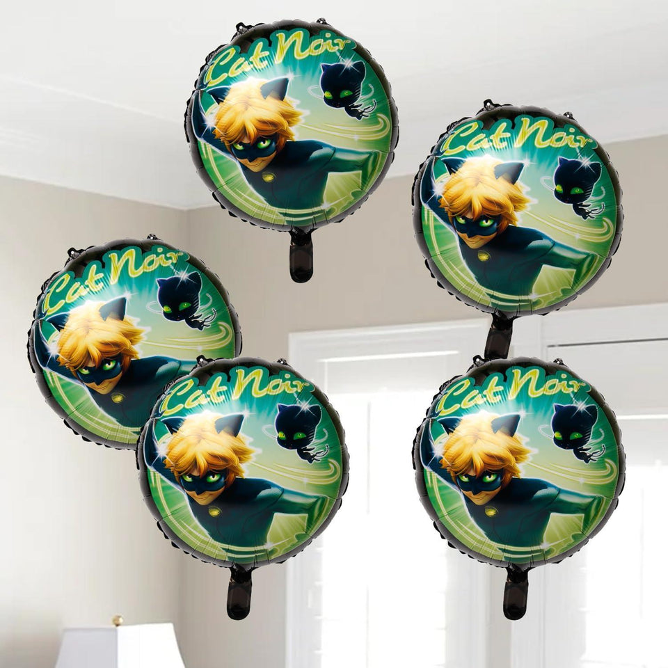 Cat Noir Party Balloons Set 5 Count - Celebration, Birthday Party, Toddlers – Miraculous Ladybug - Party Supplies - Officially Licensed