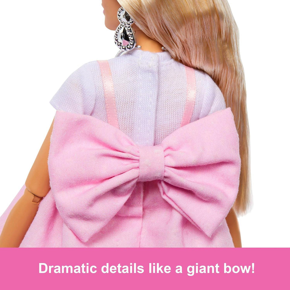 Barbie Deluxe Style Doll #3 in Barbiecore Outfit, Blond Hair in Top Knot, Pink Pastel Dress with Oversized Bow and Accessories Like Mesh Tights