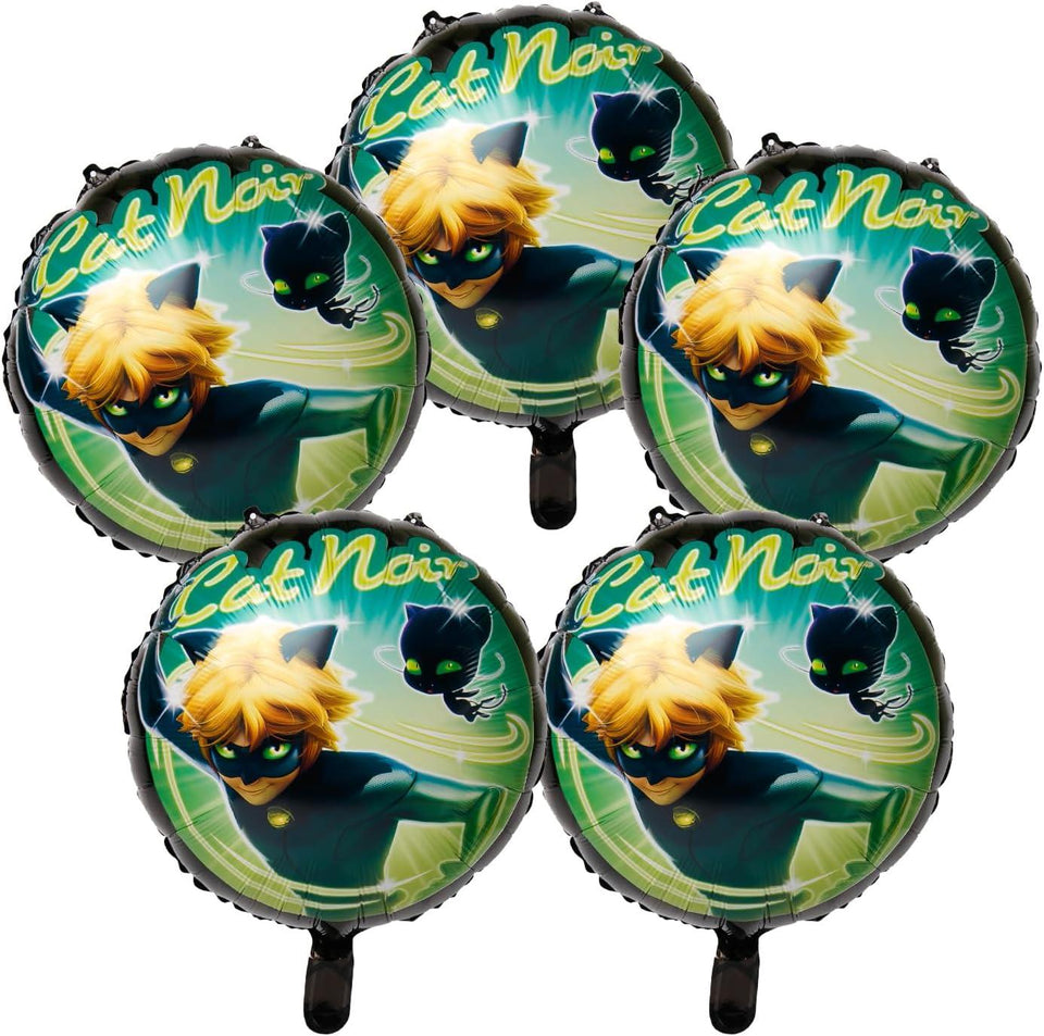 Cat Noir Party Balloons Set 5 Count - Celebration, Birthday Party, Toddlers – Miraculous Ladybug - Party Supplies - Officially Licensed