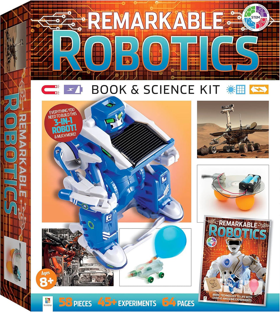 Curious Universe: Remarkable Robotics - Book & Science Kit - STEM, Build Robots, Over 45 Experiments, Includes 58 Pieces, 64-Page Book, Learning & Education Kids, Hinkler, Ages 7-15