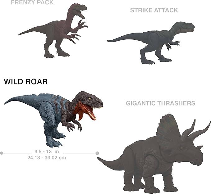 Mattel Jurassic World Wild Roar Afrovenator Dinosaur Figure | 12.8 in long, side-to-side chomp attack + roar + light-up, movable joints, 3x LR44 battery included, Ages 4+