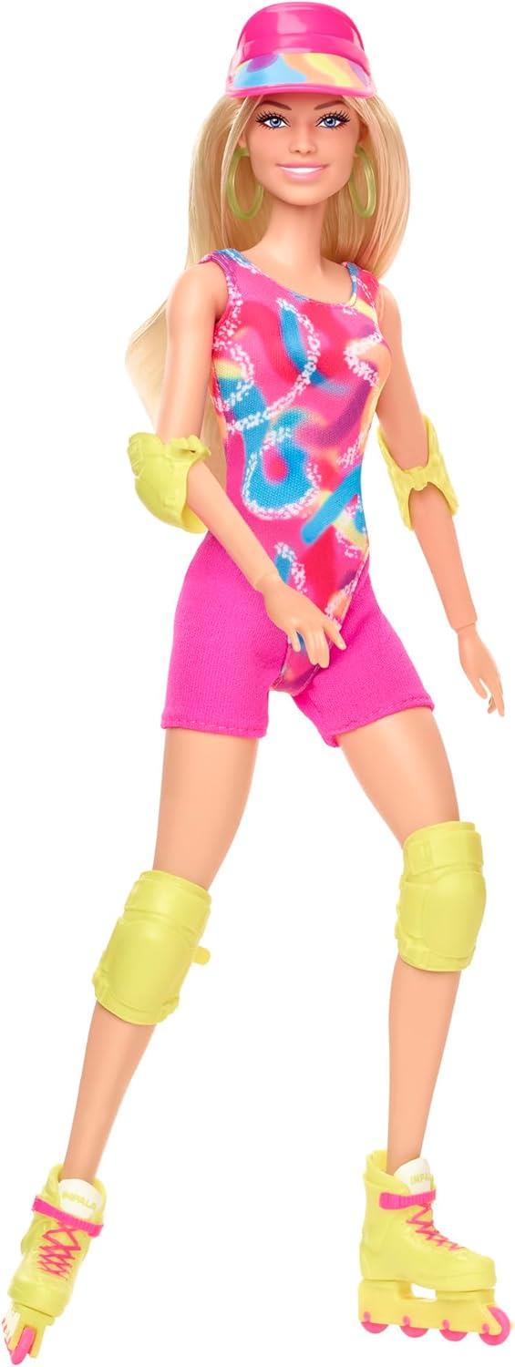 Barbie The Movie Margot Robbie - Skating Doll with Neon Outfit, Retro Gymnastics Suit, Pink Biker Shorts, Sun Shield, Neon Green Hoop Earrings, Skating Equipment, Impala Inline Skates, HRB04