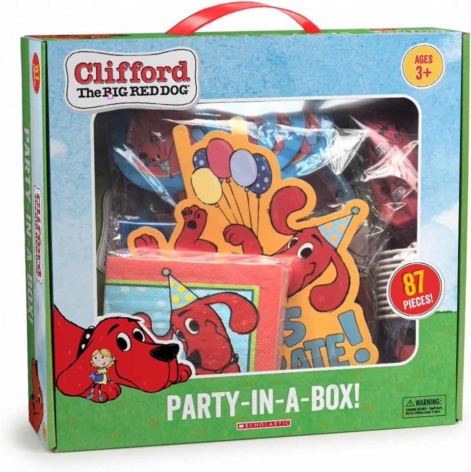 Clifford The Big Red Dog Party Supplies Kit – 87 Piece Party in a Box for 10 Guests – Plates, Cups, Napkins, Tablecloth, Balloons, Party Hats, Blowers & Banner – Officially Licensed