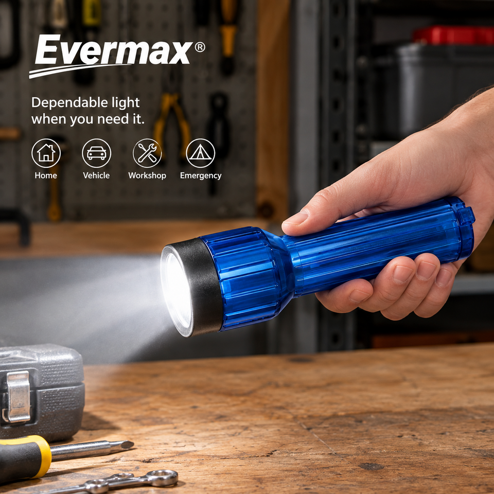 Evermax 2D Battery Flashlight, Blue, Requires 2 D-Size Batteries, Batteries Not Included, Item 99201