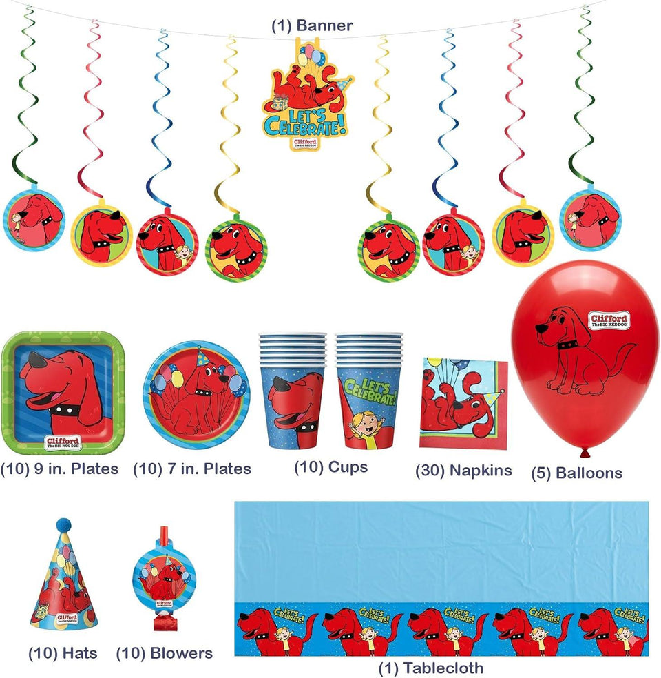 Clifford The Big Red Dog Party Supplies Kit – 87 Piece Party in a Box for 10 Guests – Plates, Cups, Napkins, Tablecloth, Balloons, Party Hats, Blowers & Banner – Officially Licensed