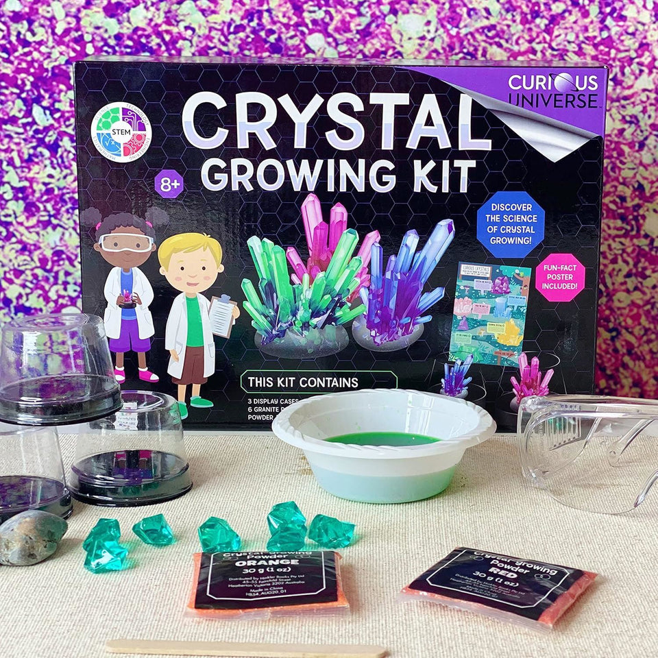Hinkler Curious Universe - Crystal Growing Science Kit - DIY Science and Geology for Kids - Make Your Own Crystals and Display Them - Granite Rocks Included - STEM Skills for Kids Aged 8 to 14