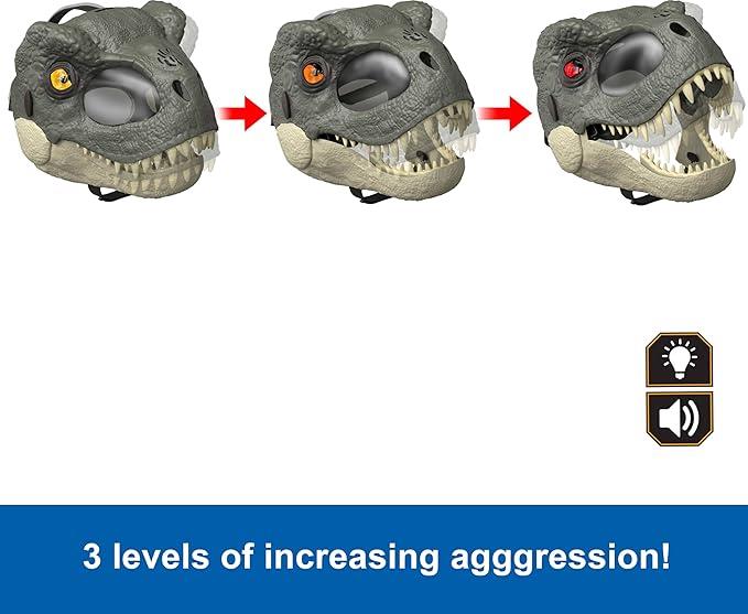 Mattel Jurassic World Rebirth T-Rex Rage N Roar Mask with LED Light Up Eyes, Blink Action with 3 Level Aggression Effect, Dinosaur Costume Headgear Toy