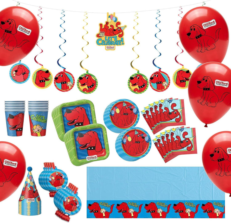Clifford The Big Red Dog Party Supplies Kit – 87 Piece Party in a Box for 10 Guests – Plates, Cups, Napkins, Tablecloth, Balloons, Party Hats, Blowers & Banner – Officially Licensed