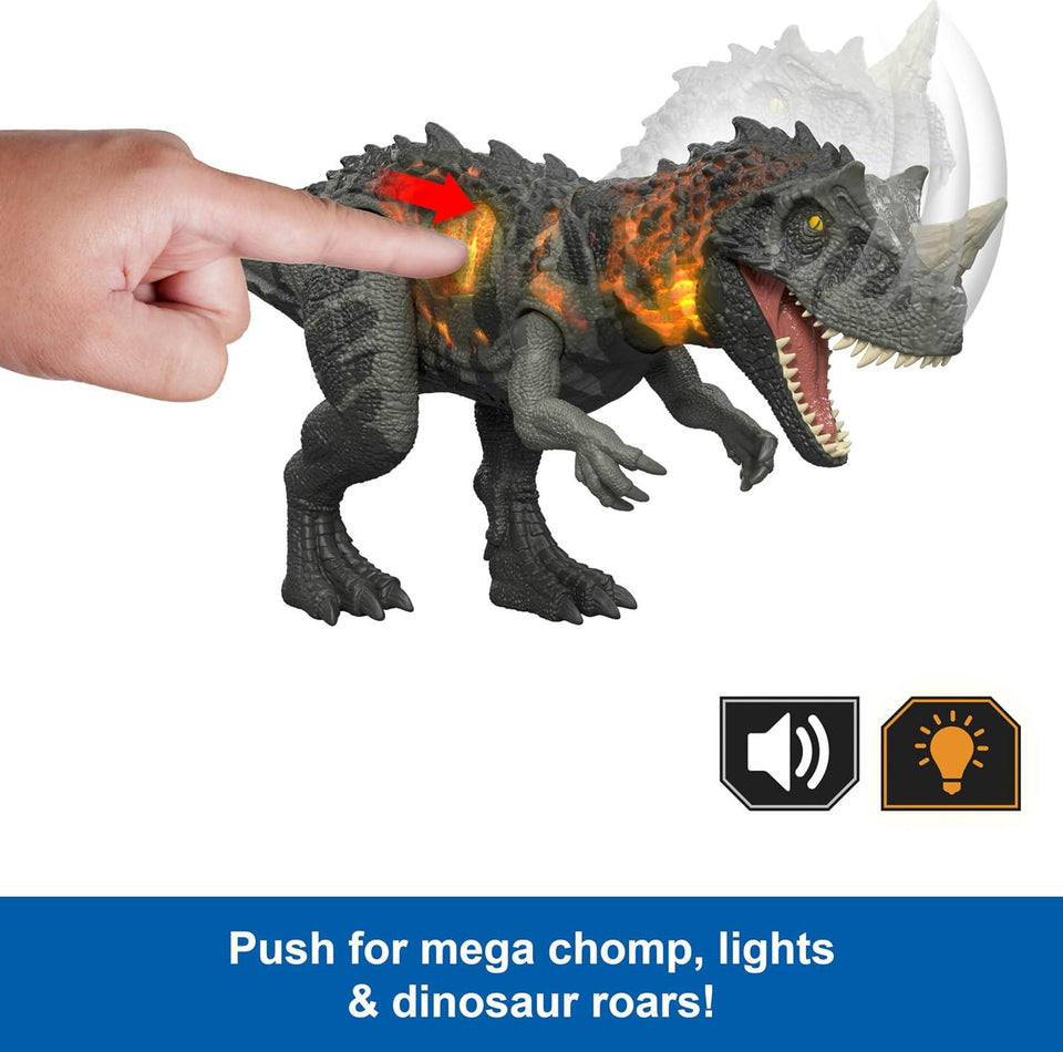 Mattel Jurassic World Wild Roar Ceratosaurus Dinosaur Action Figure Toy with Chomp Attack, Light Up Feature & Roar Sound, Scan Code for Digital Play