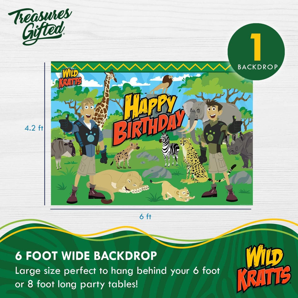 Treasures Gifted Officially Licensed Wild Kratts Birthday Party Supplies - Wild Kratts Backdrop 4.25ft x 6ft Happy Birthday Backdrop - Wild Kratts Birthday Banner - Wild Kratts Party Decorations
