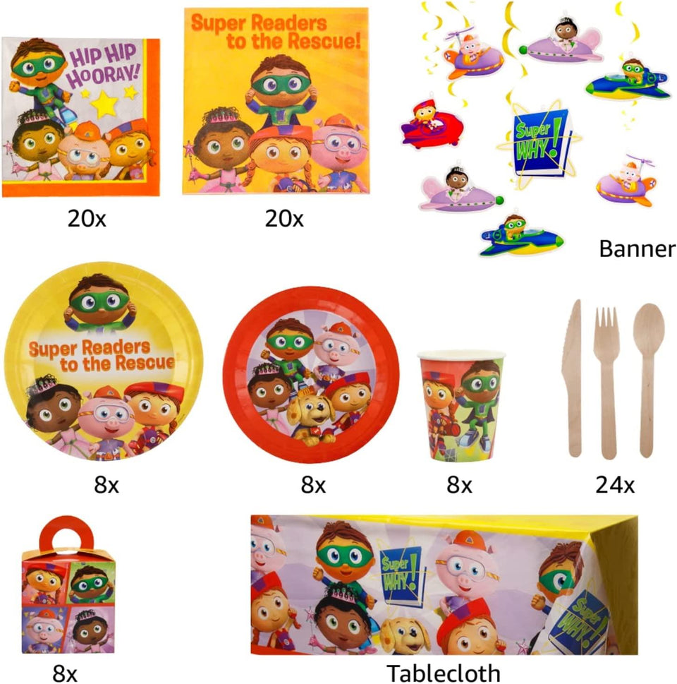 Super Why! Kids Themed Party In A Box Complete Kit for 8 Favor Boxes Banner Mighty Mojo