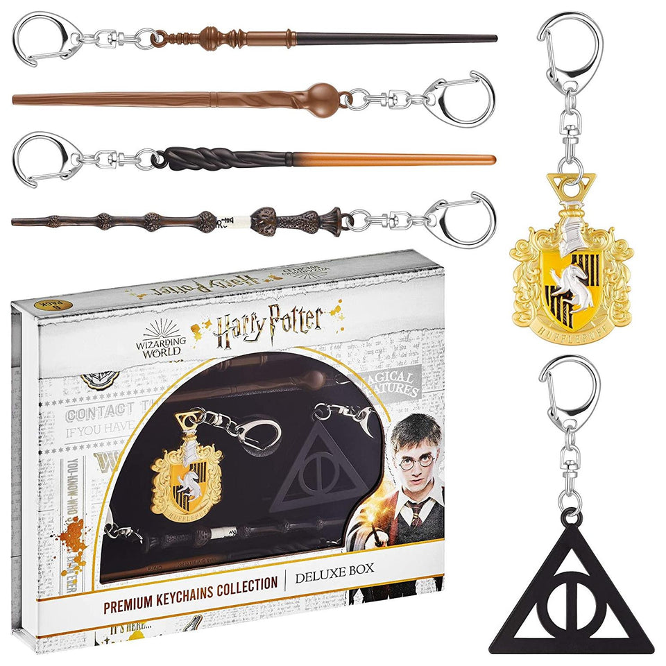 Harry Potter Wand Keychain 6pk Hufflepuff Crest Deathly Hallows Remus Neville Set PMI International